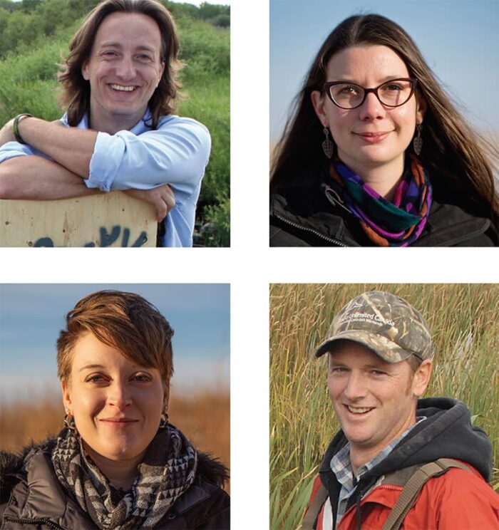 Ducks Unlimited Canada scientists (clockwise from left): Pascal Badiou, Lauren Bortolotti, Bryan Page and Paige Kowal found that due to their higher salinity, Prairie wetlands emit less methane than previously understood.
